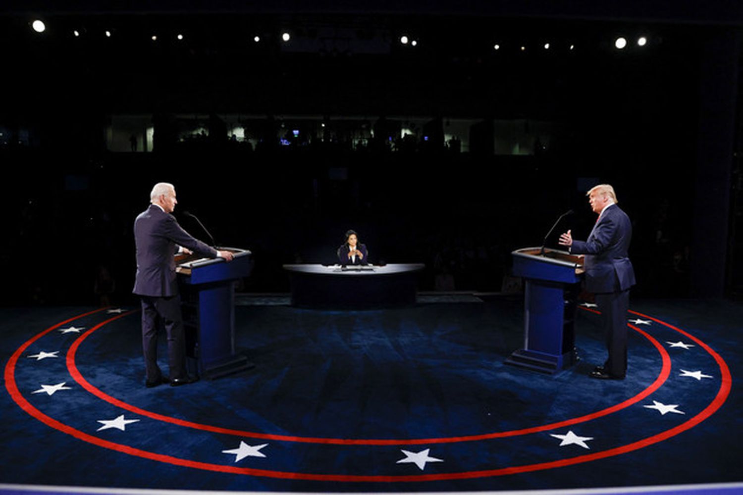 Joe Biden and Donald Trump participate in a presidential debate at Belmont University in Nashville, Tennessee, on Oct. 22, 2020.