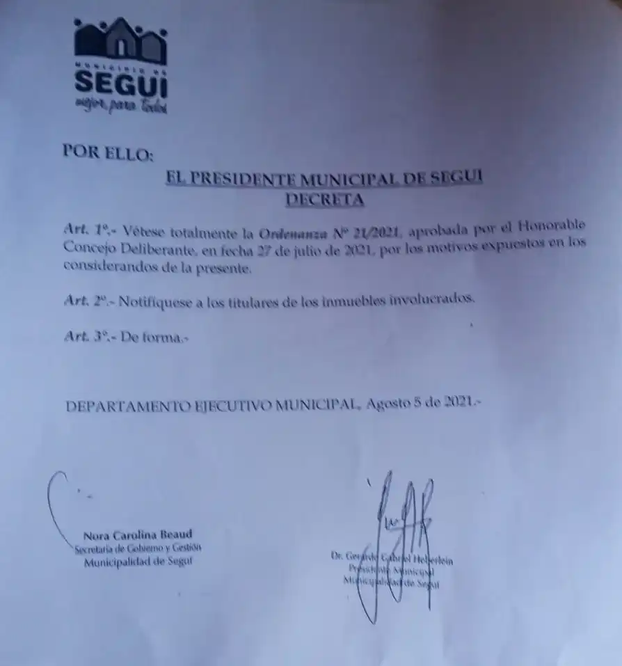 Heberlein vetó la ordenanza que declaraba de interés municipal los lotes de 11 vecinos
