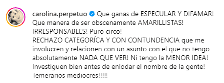 Carolina Perpetuo se desligó de cualquier señalamiento. Foto Instagram