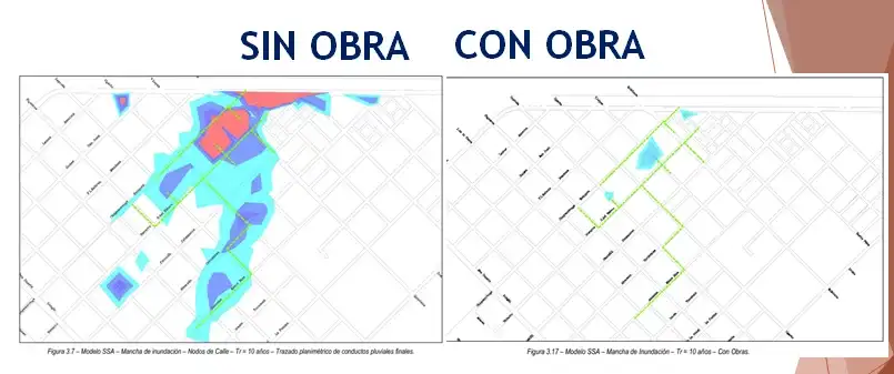 Antes y después. El mapa que muestra la proyección  de las inundaciones para el barrio Arco Iris con y sin la obra que el Municipio prevé realizar.
