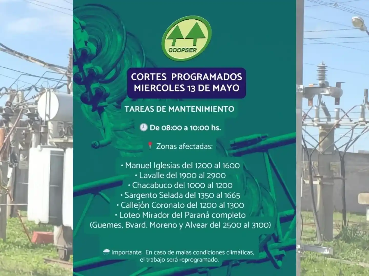 La CoopSer continúa con los cortes programados en diferentes sectores del distrito.