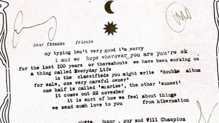 Coldplay anuncia un disco doble a través de una carta enviada a sus fans por correo