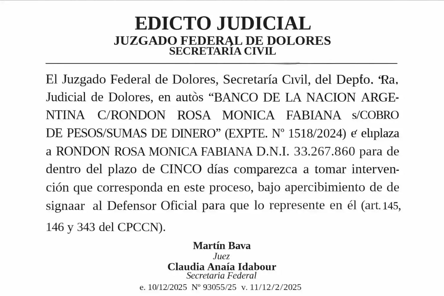 BANCO DE LA NACION ARGENTINA C/RONDON ROSA MONICA FABIANA