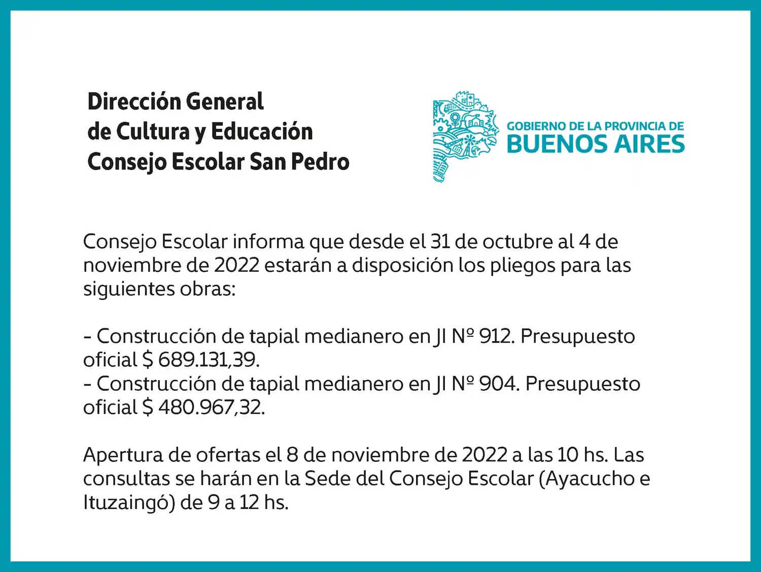 [Publicación Oficial] Consejo Escolar San Pedro: Pliegos disponibles para obras en jardínes N° 912 y 904