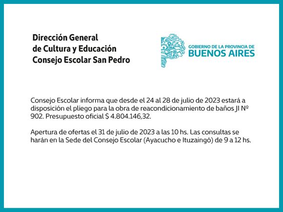 [Publicación Oficial] Consejo Escolar San Pedro: Pliegos disponibles obra en Jardín N° 902