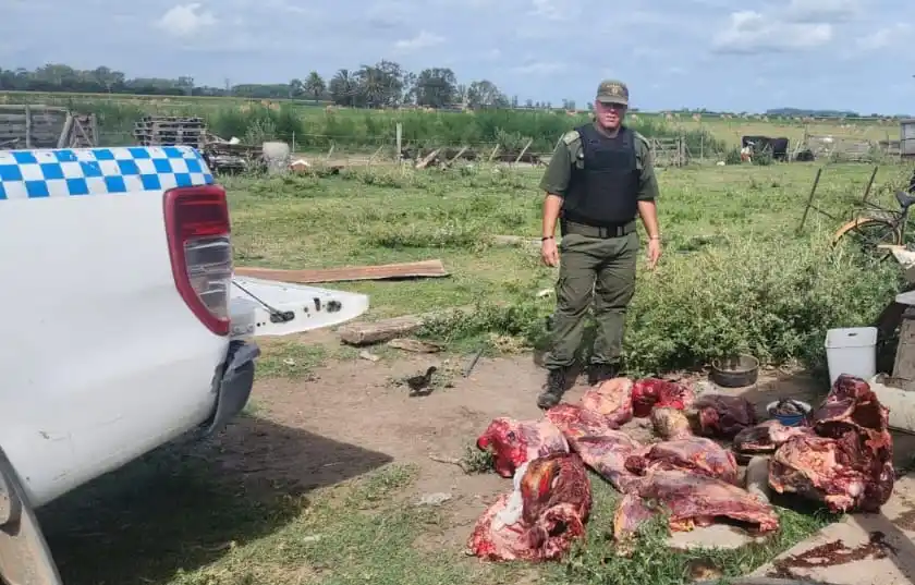 Personal de la Guardia Rural durante el operativo junto a la carne incautada.