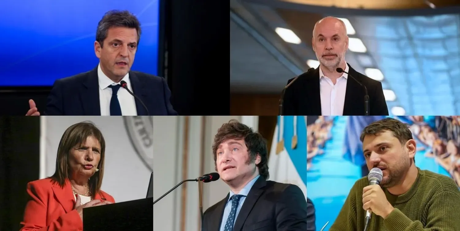 Los precandidatos Sergio Massa, Horacio Rodríguez Larreta, Patricia Bullrich, Javier Milei y Juan Grabois.