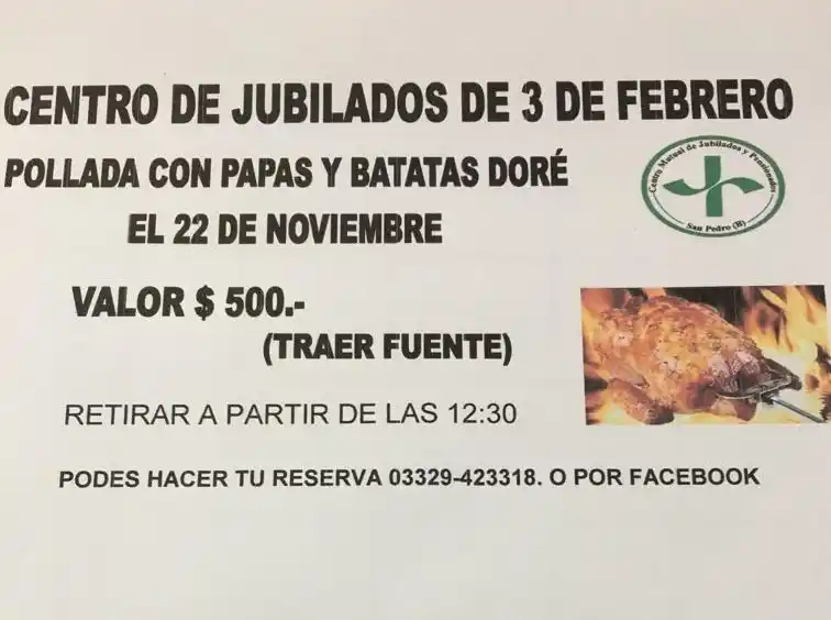 Este domingo, pollada del Centro de Jubilados de 3 de Febrero