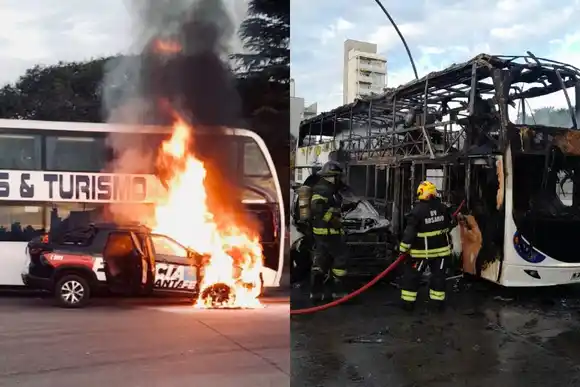 Un patrullero se incendió frente a la Terminal y el fuego consumió a un colectivo estacionado