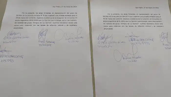 Documento firmado por los padres que recibieron el dinero.