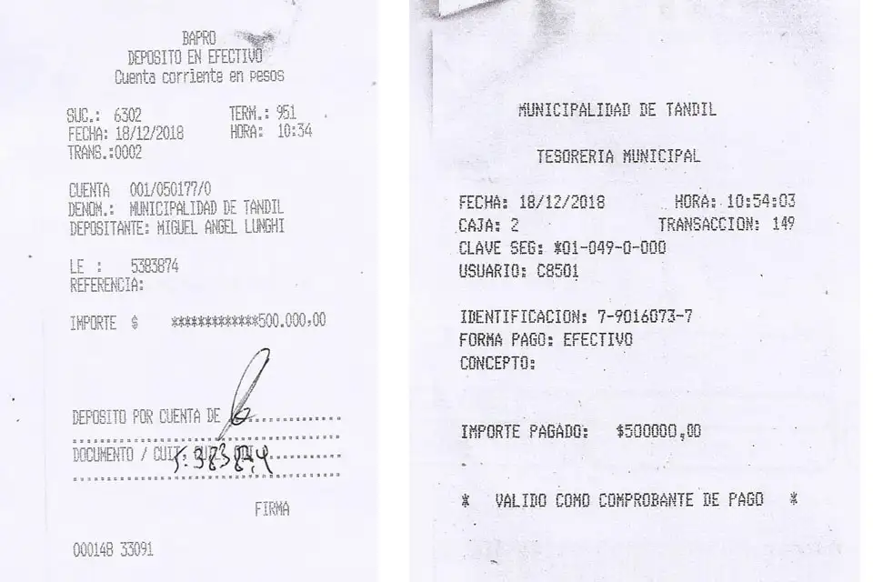 Lunghi depositó los 500 mil pesos prometidos en la cuenta de la Municipalidad