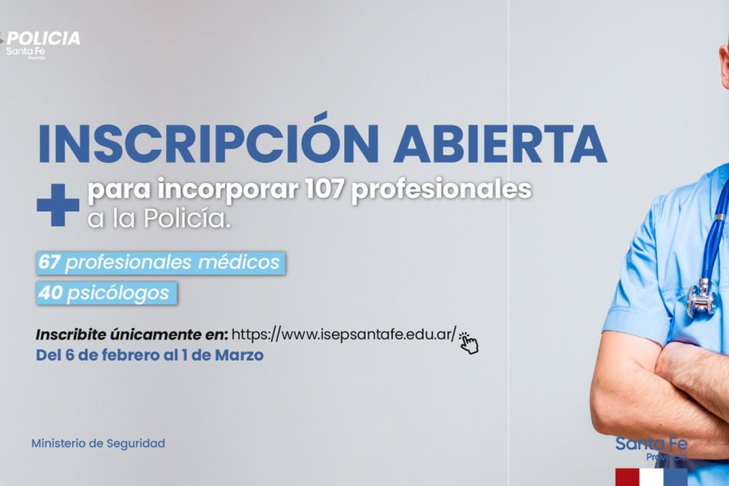 La provincia abre la convocatoria para el ingreso de médicos y psicólogos a la Policía