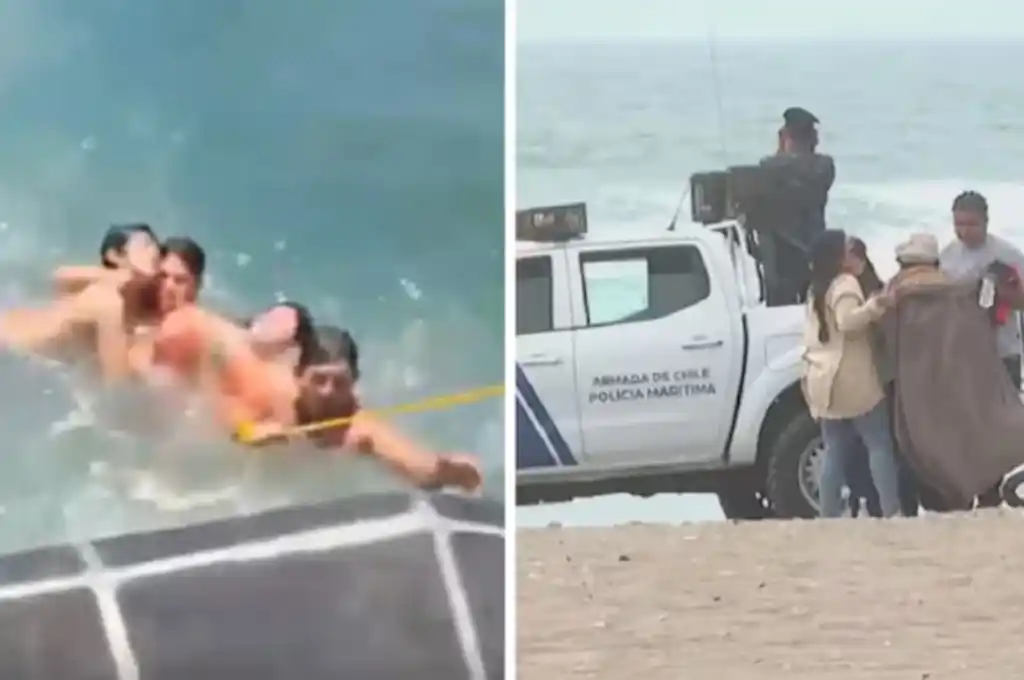 La fuerte marea los llevó hacia adentro y no podían salir. Foto: captura Armada de Chile - 24 Horas.