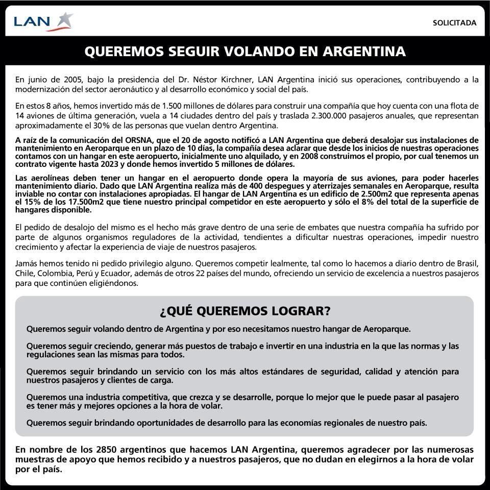 «Queremos seguir volando en Argentina», solicitada de LAN
