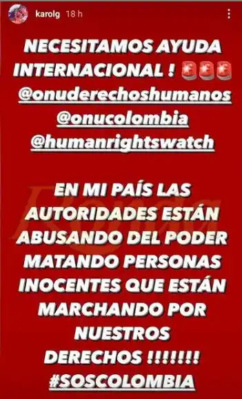 Karol G pidió ayuda internacional para Colombia en sus historias de Instagram