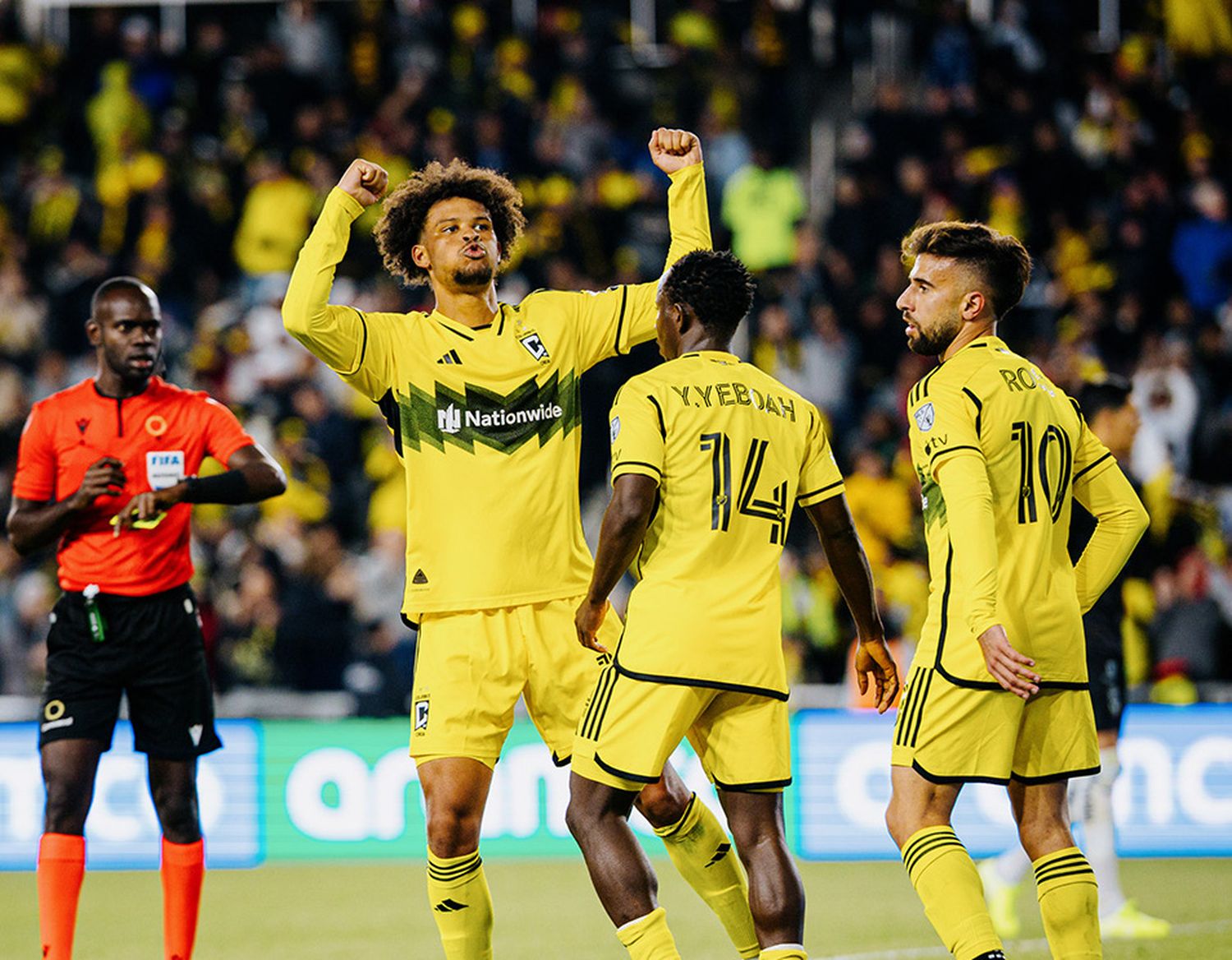 Columbus Crew celebrates a decisive goal against Monterrey in the CONCACAF Champions Cup semifinals.