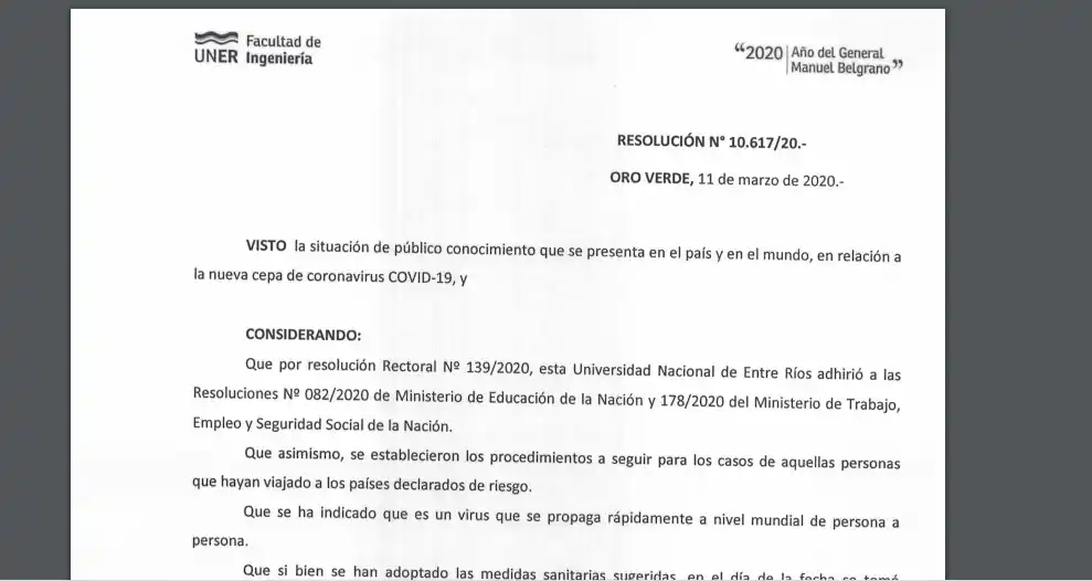 Coronavirus: La Facultad de Ingeniería de la UNER suspendió las clases hasta el lunes