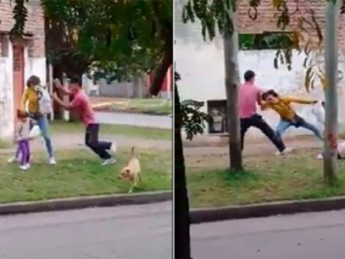 Video: filmaron a un hombre golpeando a su pareja que iba con su hija en plena calle
