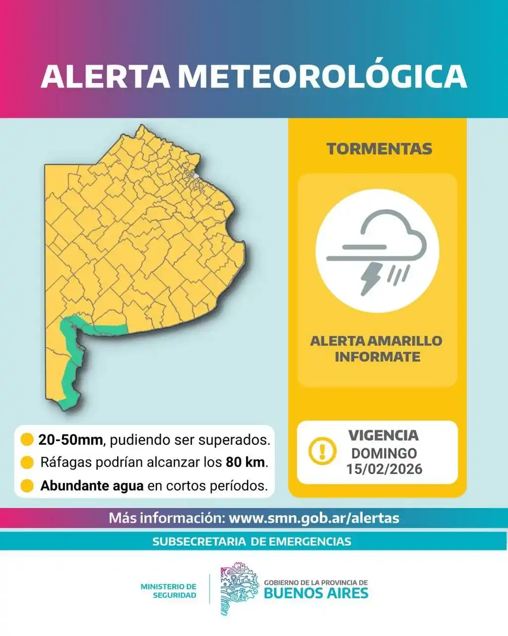 Alerta amarillo por tormentas para Chascomús: prevén lluvias intensas, ráfagas y posible granizo