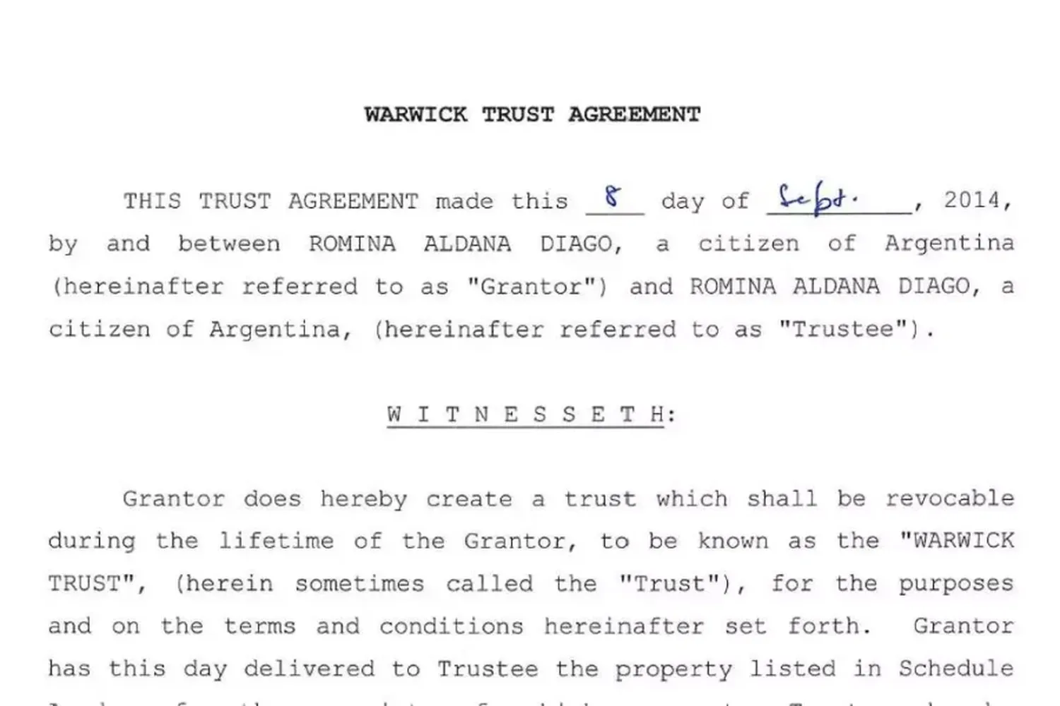 Warwick Trust es un fideocomiso de Florida creado por la esposa de Ritondo en septiembre de 2014 para administrar bienes de la propia Diago en el exterior. ICIJ/elDiarioAR.