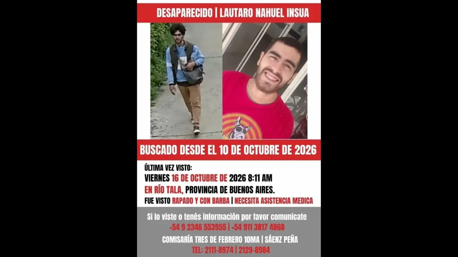 Lautaro Nahuel Insúa. Ahora fue visto en Río Tala. Requiere asistencia médica y solicitan colaboración para encontrarlo.