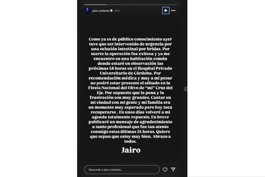 El cantante llevó tranquilidad a sus seguidores a través de un comunicado