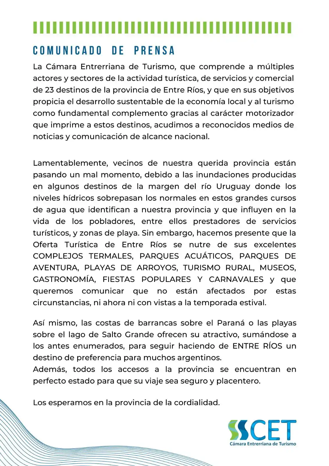 La Cámara Entrerriana de Turismo emitió un comunicado