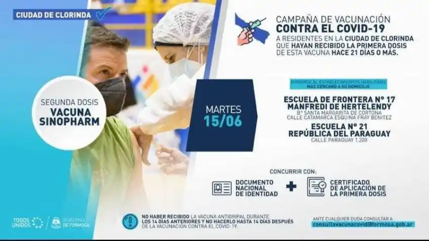 Más clorindenses completan hoy el esquema de la vacuna Sinopharm