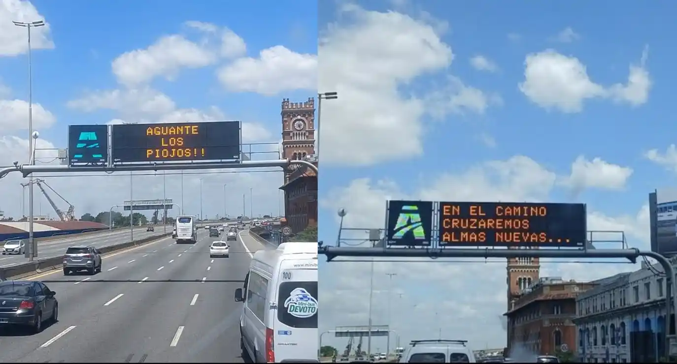 Las leyendas de la cartelería de AUBASA en el ingreso a Autopista Buenos Aires- La Plata.