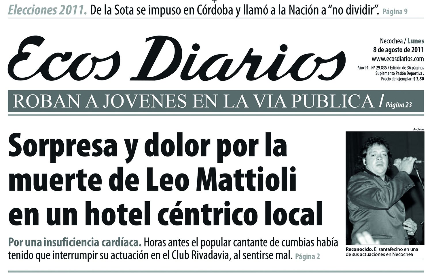 Tapa de Ecos Diarios. Contando la muerte de Leo Mattioli en Necochea