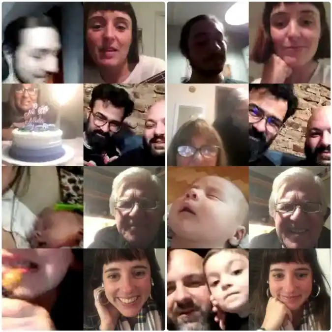 Dos capturas de la videollamada en familia. Varias generaciones unidas por la tecnología.