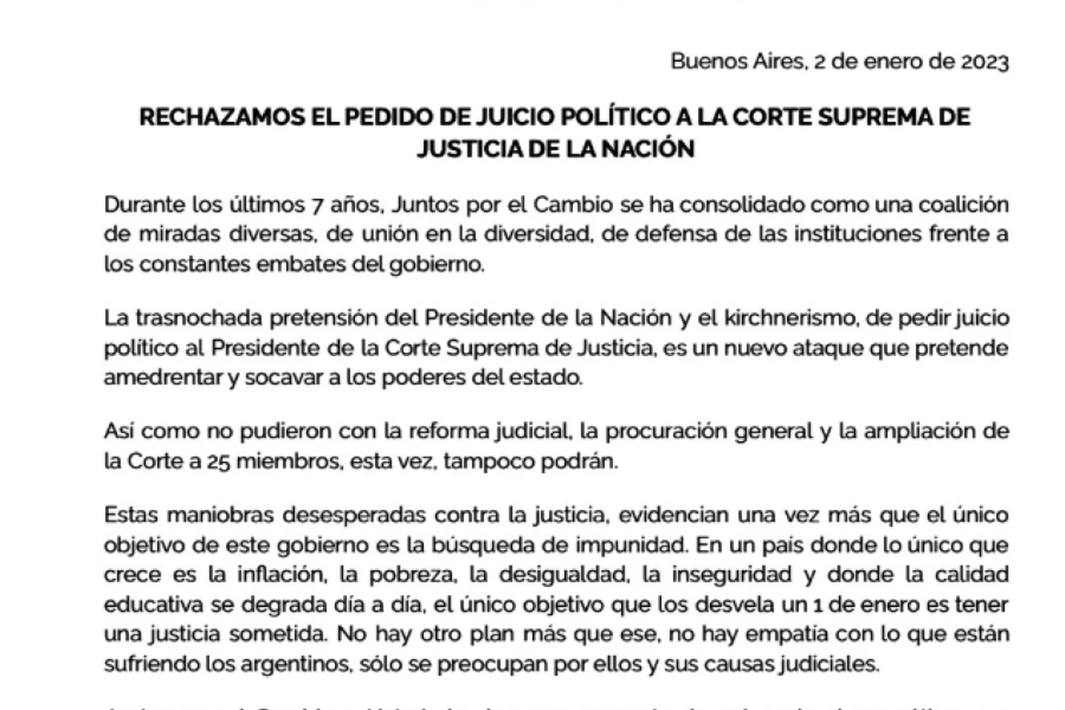 El comunicado de Juntos por el Cambio sobre el pedido de juicio político que encararía Alberto Fernández contra Rosatti.