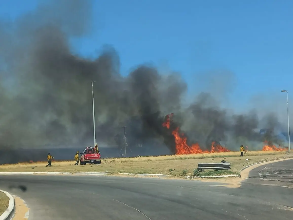 Un incendio de pastizales generó una densa columna de humo en cercanías del Aeropuerto Comandante Espora y obligó a cortar la Ruta 3 vieja. FOTO: La Brujula 24