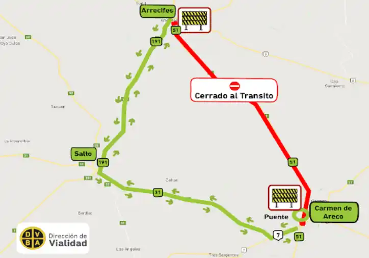 Corte en Ruta 51: Cerrada al tránsito entre Arrecifes y Carmen de Areco