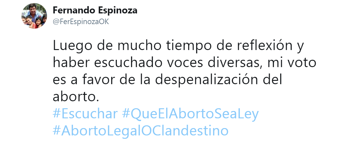 Fernando Espinoza definió su voto a favor de la despenalización del aborto