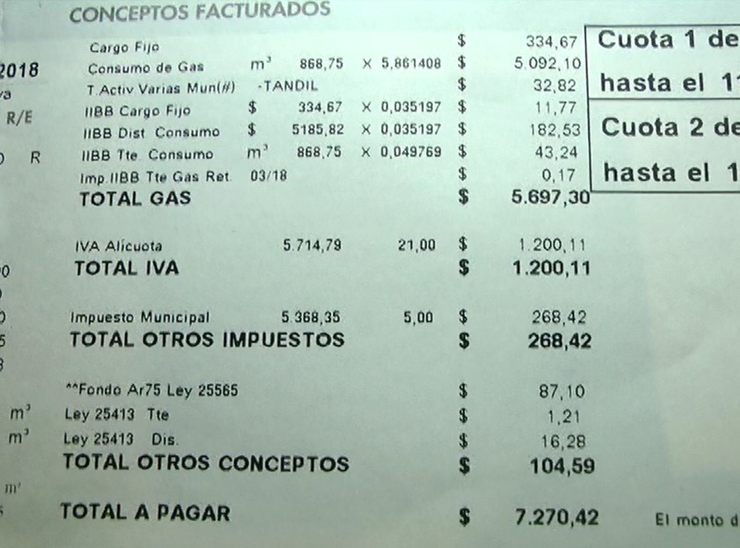 Un vecino de Tandil reclama que su factura de gas aumentó de $360 a $7200
