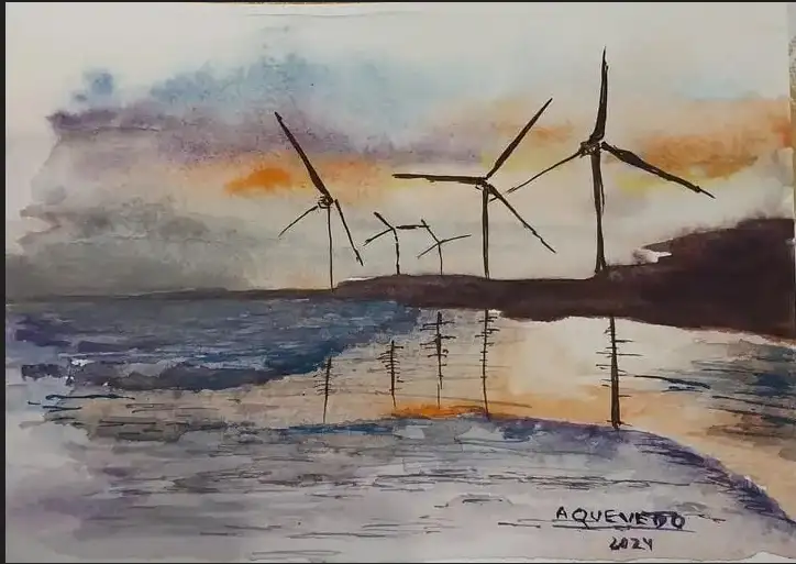 Una obra propia. El mar, el paraje Punta Negra y los molinos eólicos en los alrededores