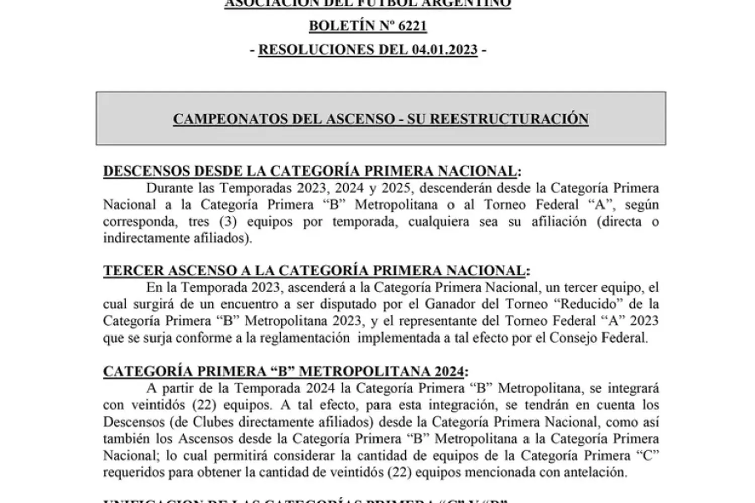 El boletín de la AFA sobre los cambios en el fútbol argentino(AFA)