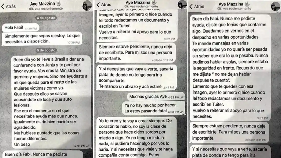 Fabiola Yañez aportó los chats con la exministra de Mujeres, Ayelén Mazzina