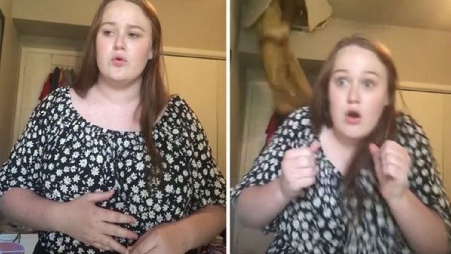 Video: grababa un Tik Tok, se abrió el techo de su cuarto y una mujer quedó colgando
