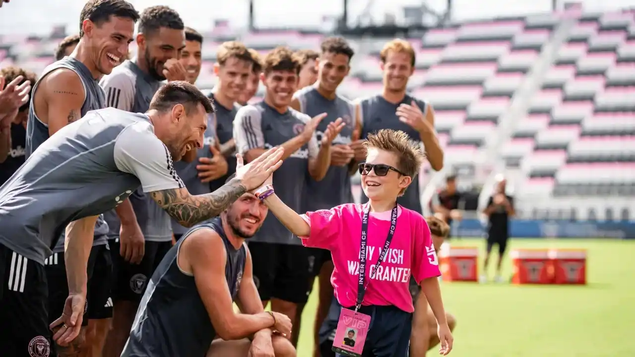 Lionel Messi, con el resto del plantel, recibió a un gran números de niños en el Chase Stadium.