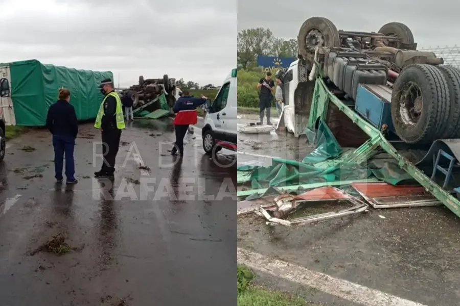 Impactante accidente de tránsito: perdió el control y volcó un camión Fiat Iveco con acoplado en la Autopista Rosario-Santa Fe