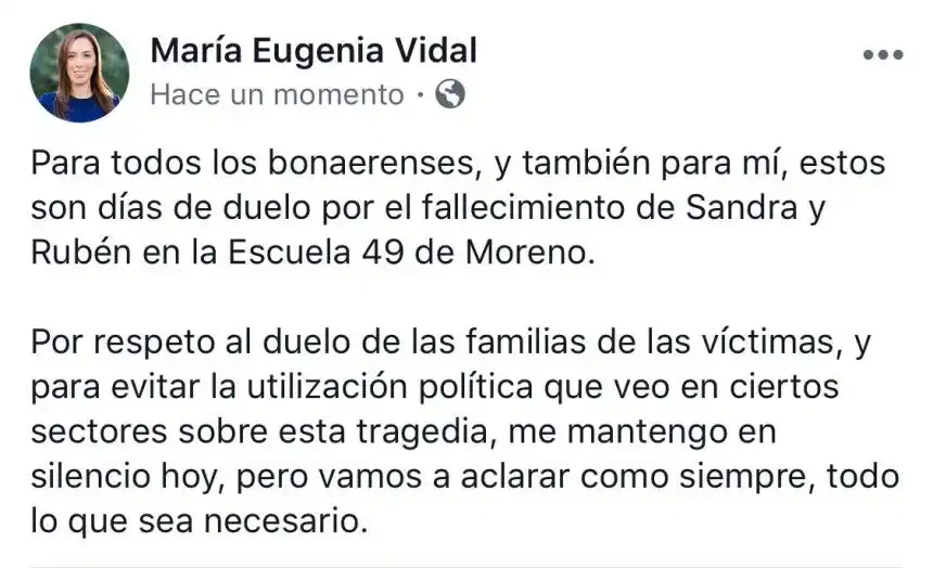 Vidal dijo que se mantiene en silencio «por respeto al dolor» y que luego aclarará