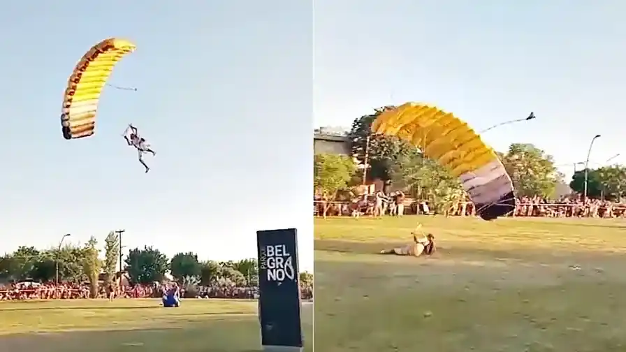 El momento de la llegada y la caída de uno de los tres Reyes Magos en el Parque Belgrano de Pergamino. (El Norte)