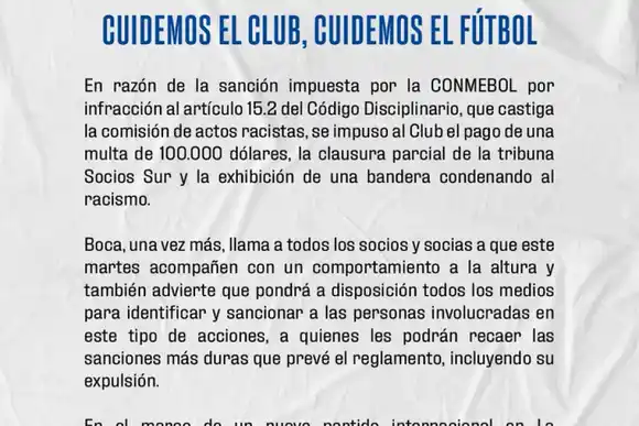 Boca sancionado por Conmebol por actos racistas en el juego ante Palmeira en 2023
