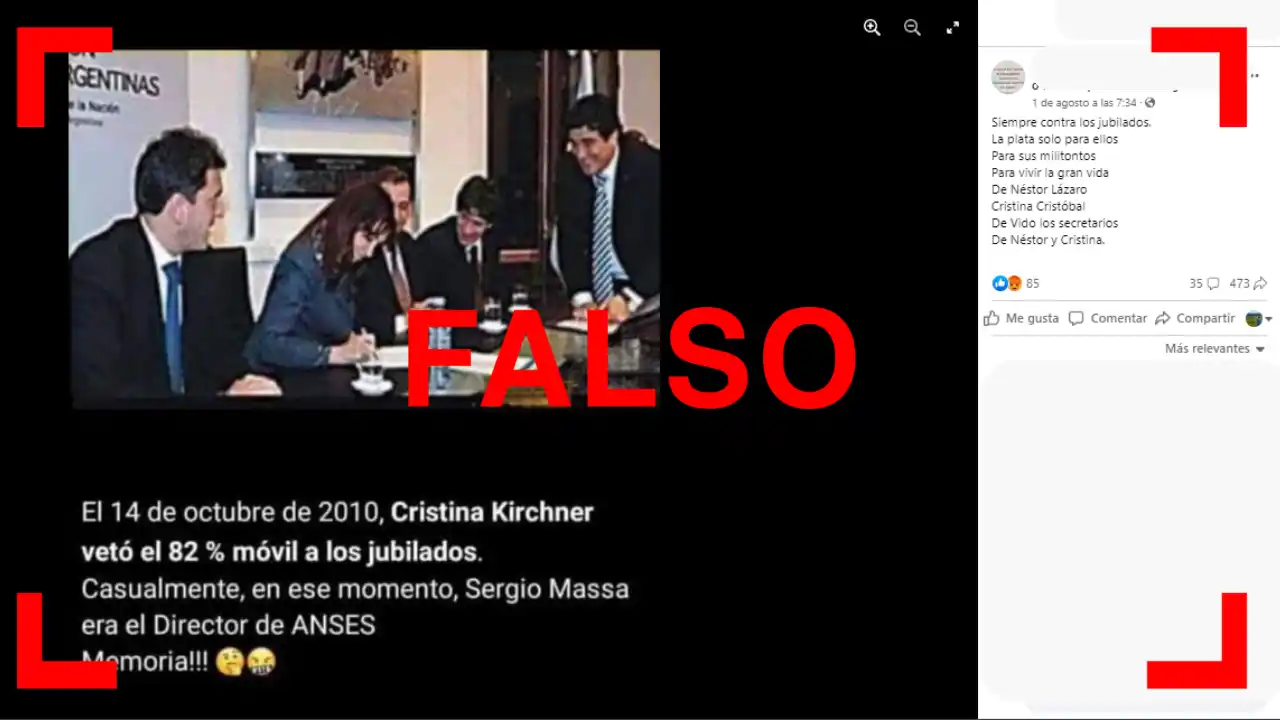 Reverso: Es falso que Sergio Massa era funcionario de Cristina Kirchner cuando se vetó el 82% móvil