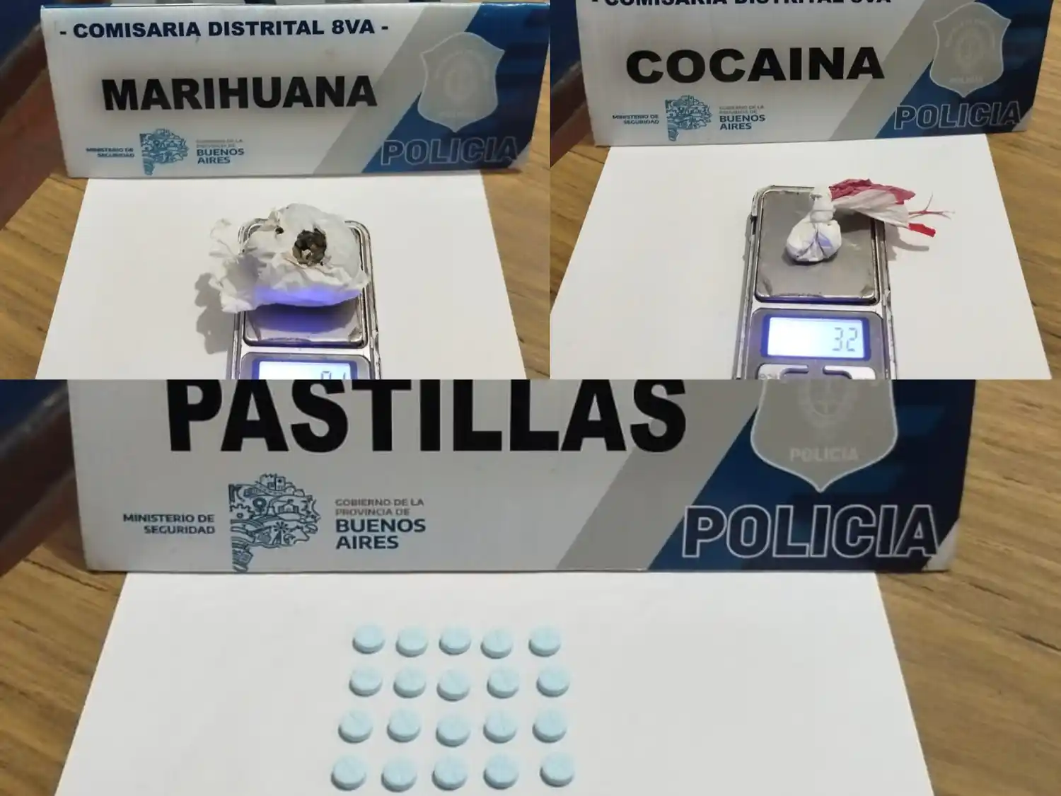 En detalle, eran 3,2 gramos de cocaína, 8,1 gramos de marihuana y 24 pastillas