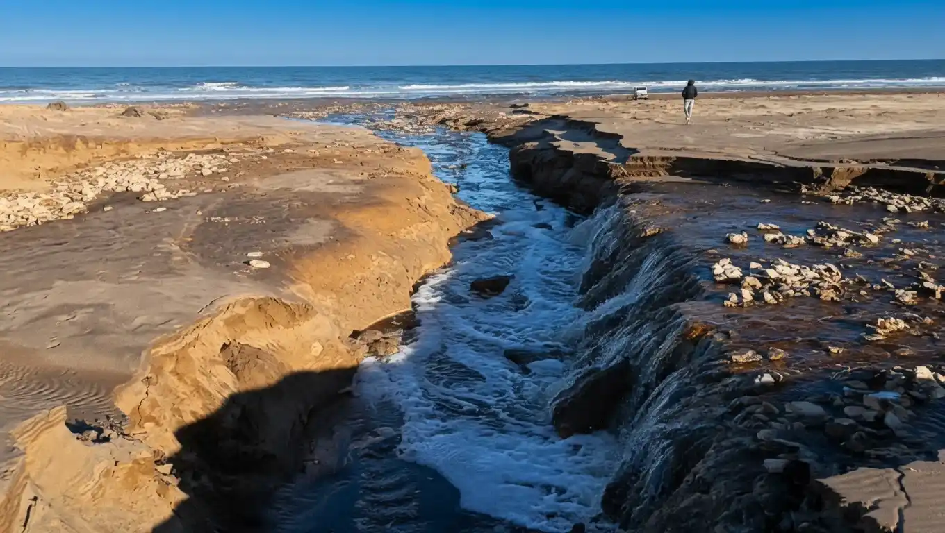 El cañadón generado por el exceso de agua en zona de médanos también provocó una cascada, en dirección a Reta
(Imágenes gentileza de RCC 97.9 y Leonardo Galván)