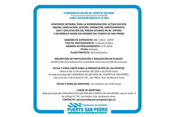 El Consorcio de Gestión del Puerto de San Pedro llama a licitación pública