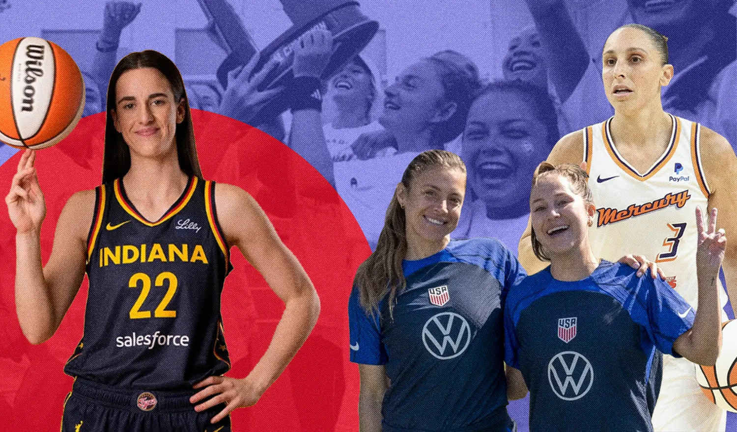 Female athletes and fans celebrate the rise of women's sports in the United States, marked by record-breaking events and growing support.